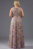 Plus Size Floral Mauve V-Neck A Line Long Wedding Guest Dress with Slit