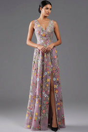 Floral Mauve V-Neck A Line Maxi Prom Dress with Slit