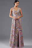 Plus Size Floral Mauve V-Neck A Line Long Wedding Guest Dress with Slit