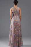Plus Size Floral Mauve V-Neck A Line Long Wedding Guest Dress with Slit