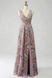 Plus Size Floral Mauve V-Neck A Line Long Wedding Guest Dress with Slit