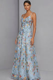 Floral Mauve Spaghetti Straps A Line Backless Maxi Prom Dress