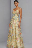 Floral Mauve Spaghetti Straps A Line Backless Maxi Prom Dress