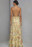 Floral Mauve Spaghetti Straps A Line Backless Maxi Prom Dress