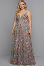 Plus Size Floral Mauve Spaghetti Straps A Line Maxi Wedding Guest Dress
