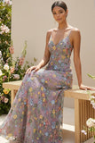 Plus Size Floral Mauve Spaghetti Straps A Line Maxi Wedding Guest Dress