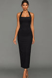 Simple Black Halter Neck Sheath Backless Maxi Formal Dress
