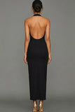 Simple Black Halter Neck Sheath Backless Maxi Formal Dress