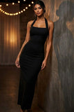 Simple Black Halter Neck Sheath Backless Maxi Formal Dress