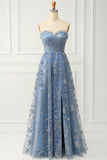 Floral Grey Blue Sweetheart A Line Long Prom Dress with Slit