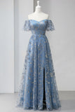 Floral Grey Blue Off the Shoulder A Line Long Prom Dress with Slit