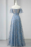Floral Grey Blue Off the Shoulder A Line Long Prom Dress with Slit
