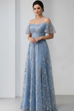Floral Grey Blue Off the Shoulder A Line Long Prom Dress with Slit