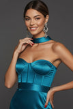 Tiffany Blue Satin Sweetheart Bodycon Midi Corset Bridesmaid Dress