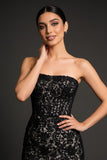 Black Lace Strapless Maxi Formal Dress with Slit