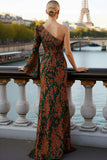 Floral Peacock Green One Shoulder Maxi Mother of the Bride Dress with Sleeves