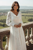 Elegant White Lace A Line Maxi Reception Dress with Sleeves