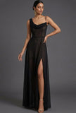 Simple Black Asymmetrical Neck Formal Dress with Slit