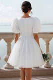 White V-Neck A Line Short Engagement Dress with Sleeves