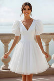White V-Neck A Line Short Engagement Dress with Sleeves