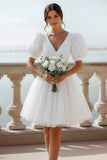 White V-Neck A Line Short Engagement Dress with Sleeves
