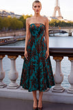 Floral Peacock Green Strapless A Line Midi Wedding Guest Dress