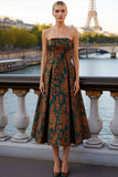 Floral Peacock Green Strapless A Line Midi Wedding Guest Dress