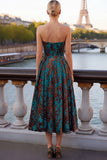 Floral Peacock Green Strapless A Line Midi Wedding Guest Dress