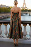 Floral Peacock Green Strapless A Line Midi Wedding Guest Dress