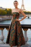 Floral Peacock Green Strapless A Line Midi Wedding Guest Dress