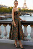 Floral Peacock Green Strapless A Line Midi Wedding Guest Dress