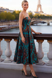 Floral Peacock Green Strapless A Line Midi Wedding Guest Dress