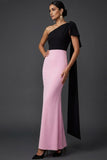 Simple Black and Pink One Shoulder Maxi Evening Dress with Side Cape