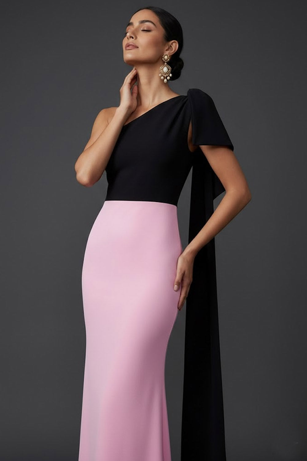 Leely Women Simple Black and Pink Maxi Evening Dress with Side Cape One Shoulder Wedding Guest Dress leelyuk Leely Women Simple Black and Pink Maxi Evening Dress with Side Cape One Shoulder Wedding Guest Dress leelyuk