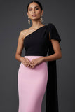 Simple Black and Pink One Shoulder Maxi Evening Dress with Side Cape