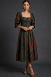 Floral Peacock Green Burnout Velvet A Line Midi Wedding Guest Dress with Sleeves