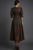Floral Peacock Green Burnout Velvet A Line Midi Wedding Guest Dress with Sleeves