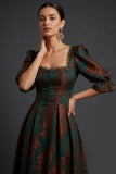 Floral Peacock Green Burnout Velvet A Line Midi Wedding Guest Dress with Sleeves