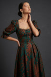 Floral Peacock Green Burnout Velvet A Line Midi Wedding Guest Dress with Sleeves