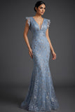 Floral Grey Blue Mermaid Sparkly V-Neck Maxi Prom Dress with Ruffles