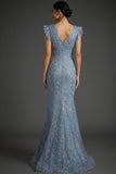 Floral Grey Blue Mermaid Sparkly V-Neck Maxi Prom Dress with Ruffles