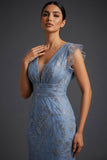 Floral Grey Blue Mermaid Sparkly V-Neck Maxi Prom Dress with Ruffles