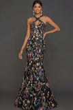 Floral Mauve Mermaid Criss Cross Neck Maxi Prom Dress with Embroidery
