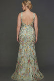 Plus Size Mermaid Criss Floral Mauve Cross Neck Maxi Prom Dress with Embroidery