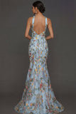 Floral Mauve Mermaid Criss Cross Neck Maxi Prom Dress with Embroidery