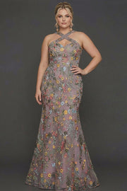 Plus Size Mermaid Criss Floral Mauve Cross Neck Maxi Prom Dress with Embroidery