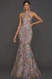 Plus Size Mermaid Criss Floral Mauve Cross Neck Maxi Prom Dress with Embroidery