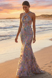 Floral Mauve Mermaid Criss Cross Neck Maxi Prom Dress with Embroidery