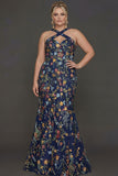 Plus Size Mermaid Criss Floral Mauve Cross Neck Maxi Prom Dress with Embroidery