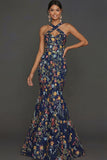 Floral Mauve Mermaid Criss Cross Neck Maxi Prom Dress with Embroidery